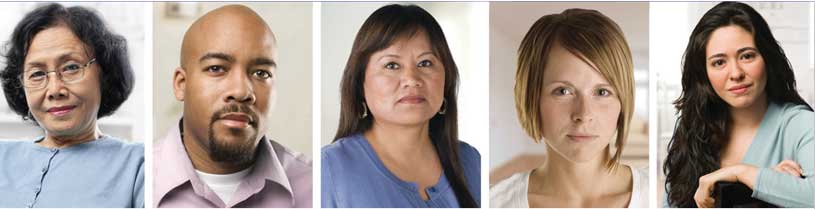 Five individual portraits of people in a row.